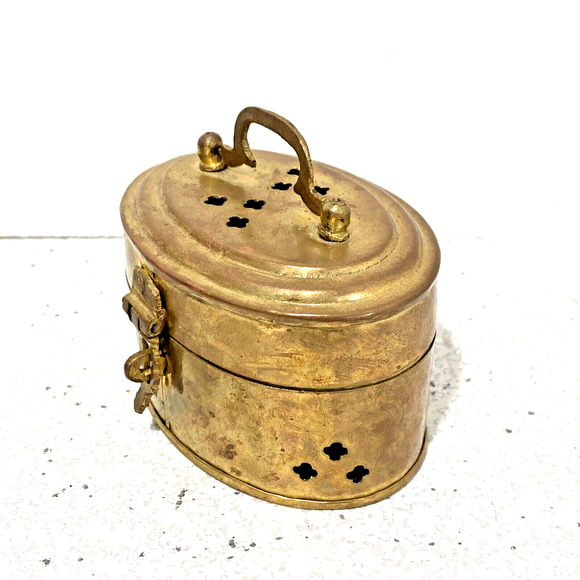 Miniature Brass Cricket Box Top Handle Pierced Metal Oval Hinged Lid Decorative - Picture 2 of 10